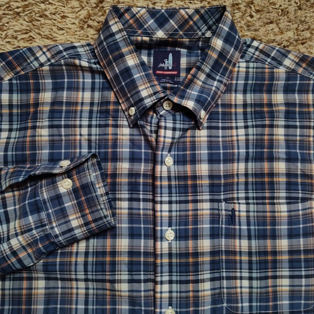 Johnnie-O Blue‎ Brown Plaid Men Sz M Oxford Long Sleeve Button Up Shirt
